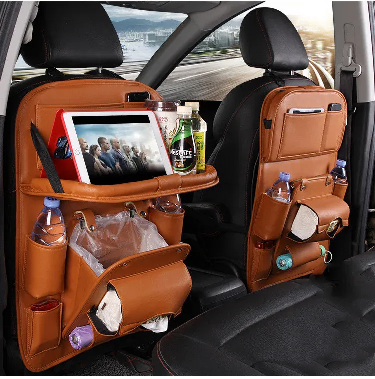 PU Leather Car Storage Bag Multifunction Seat Back Tray Hanging Bag Waterproof Car Organizer Automotive Interior Accessories - Imagem 7