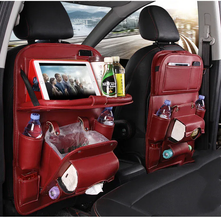 PU Leather Car Storage Bag Multifunction Seat Back Tray Hanging Bag Waterproof Car Organizer Automotive Interior Accessories - Imagem 5