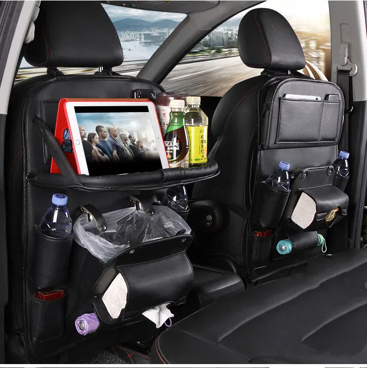 PU Leather Car Storage Bag Multifunction Seat Back Tray Hanging Bag Waterproof Car Organizer Automotive Interior Accessories - Imagem 3