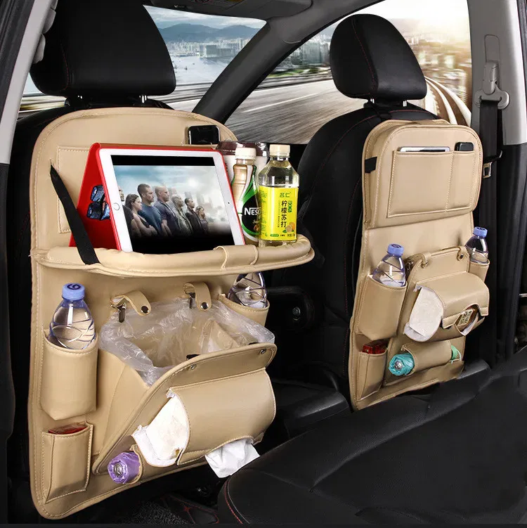 PU Leather Car Storage Bag Multifunction Seat Back Tray Hanging Bag Waterproof Car Organizer Automotive Interior Accessories - Imagem 4